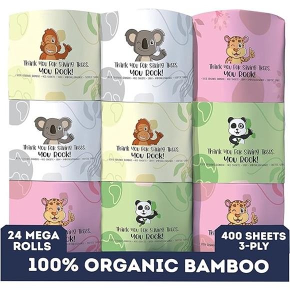 Organic Bamboo Toilet Paper 2.0 | 400 Sheets 3-Ply |24 Hypoallergenic Mega Rolls - Picture 1 of 8